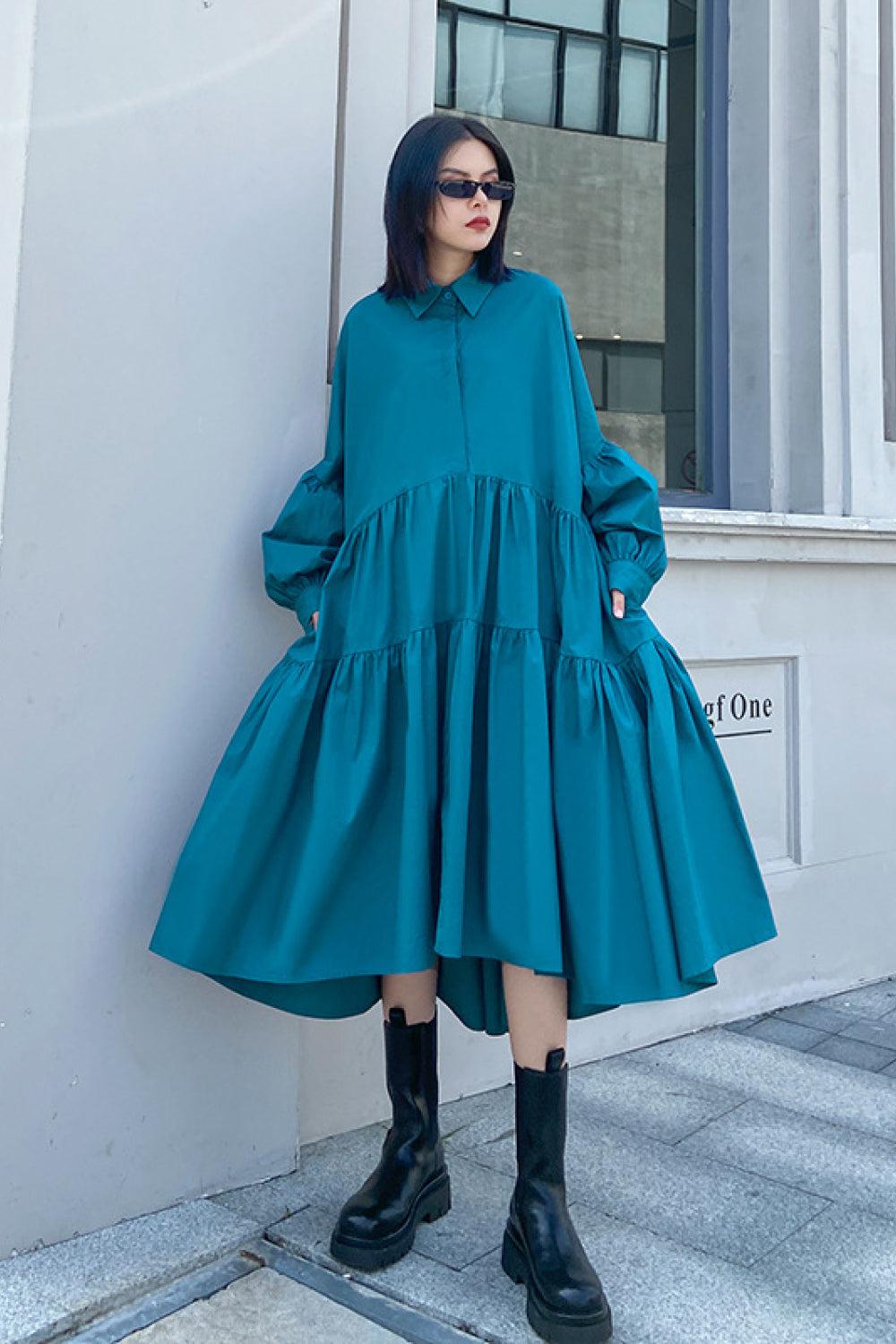Bubble Sleeve Tiered Midi Shirt Dress BLUE ZONE PLANET