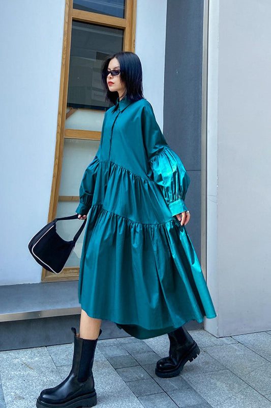 Bubble Sleeve Tiered Midi Shirt Dress BLUE ZONE PLANET