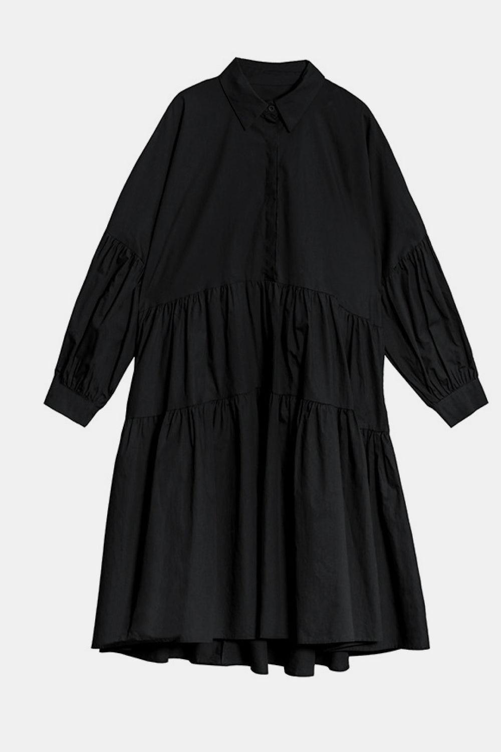 Bubble Sleeve Tiered Midi Shirt Dress BLUE ZONE PLANET