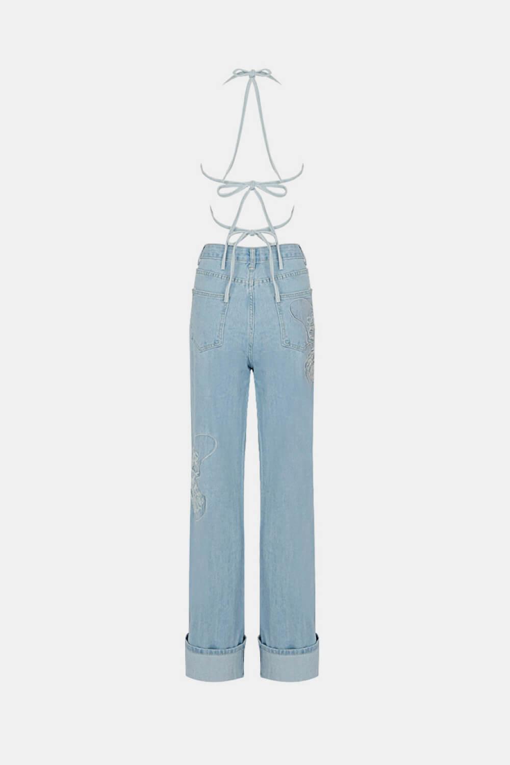 Butterfly Halter Neck Denim Top and Jeans Set BLUE ZONE PLANET