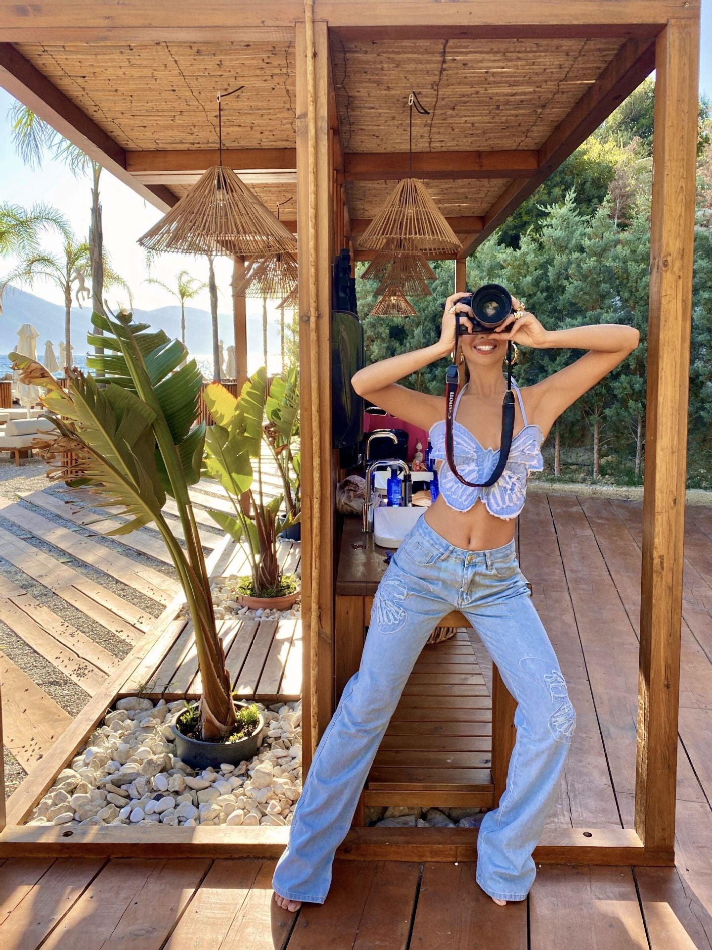 Butterfly Halter Neck Denim Top and Jeans Set BLUE ZONE PLANET