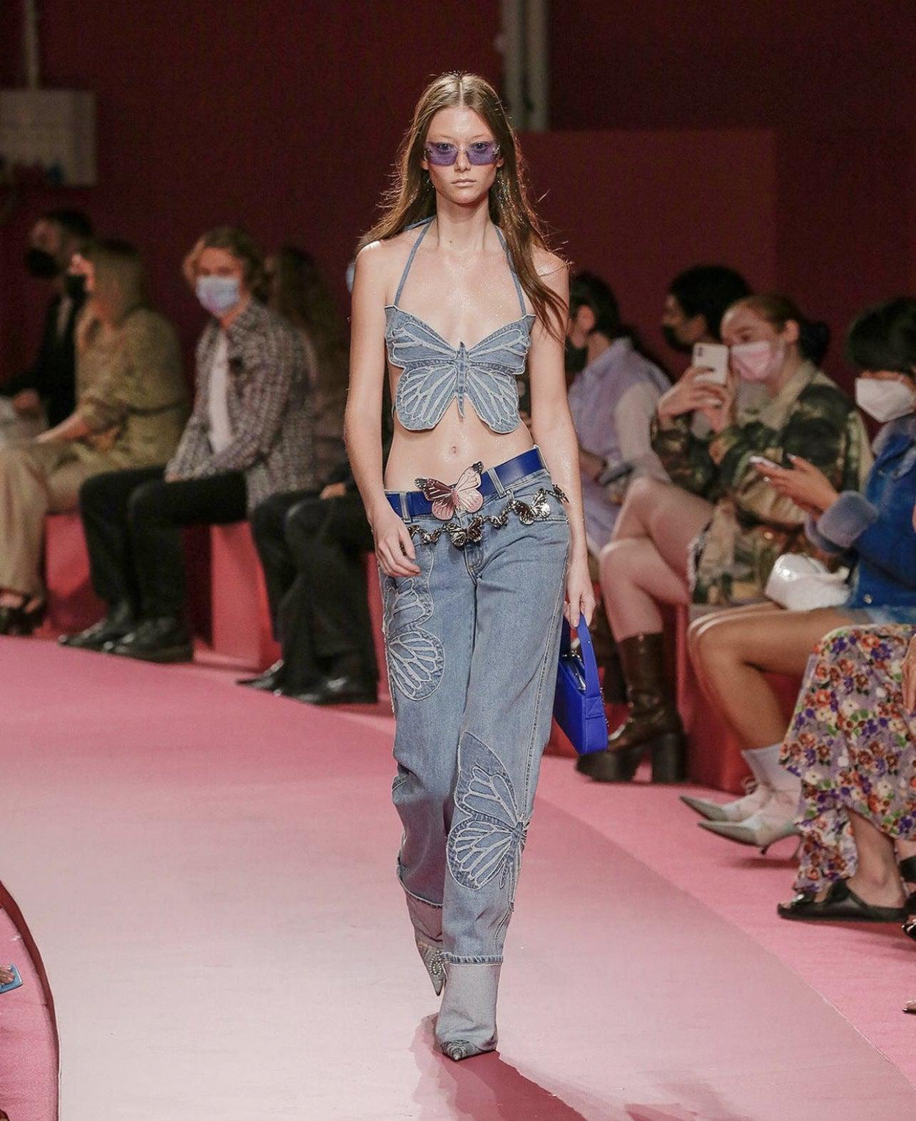 Butterfly Halter Neck Denim Top and Jeans Set BLUE ZONE PLANET