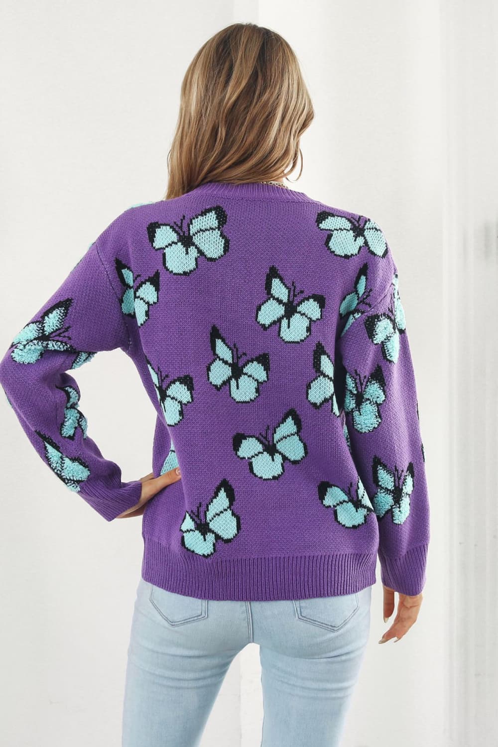 Butterfly Pattern Round Neck Dropped Shoulder Sweater BLUE ZONE PLANET