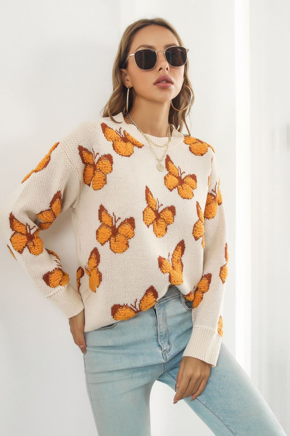 Butterfly Pattern Round Neck Dropped Shoulder Sweater BLUE ZONE PLANET