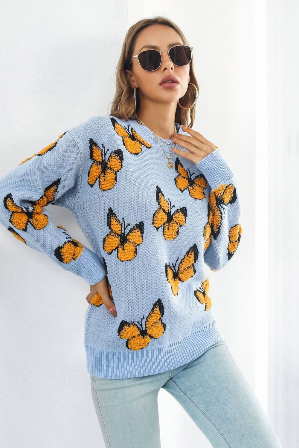 Butterfly Pattern Round Neck Dropped Shoulder Sweater BLUE ZONE PLANET