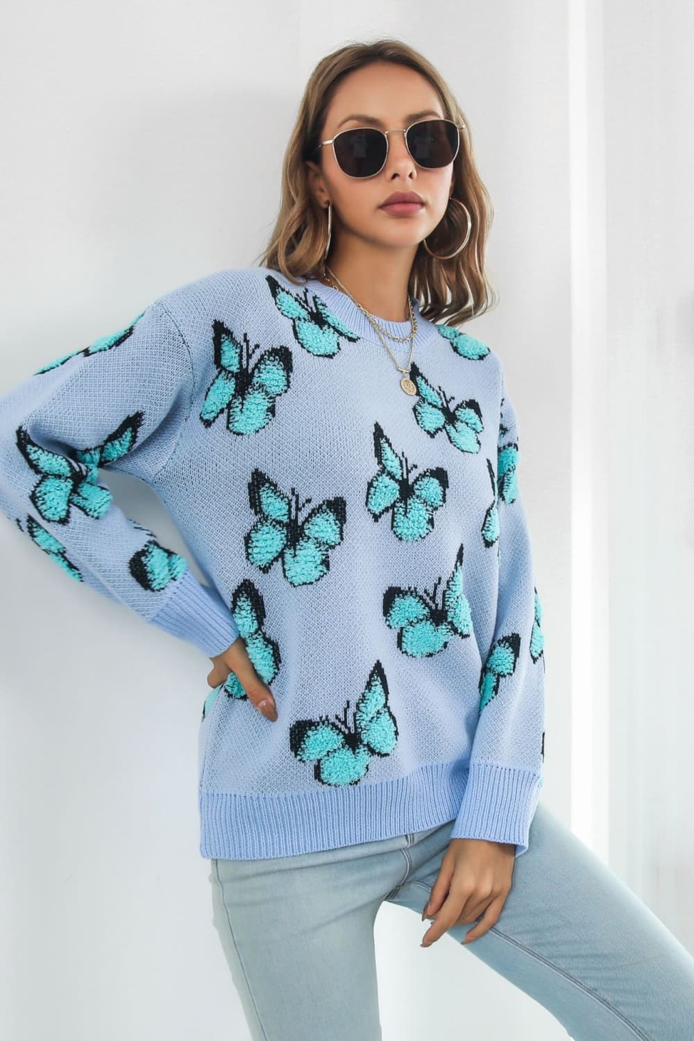 Butterfly Pattern Round Neck Dropped Shoulder Sweater BLUE ZONE PLANET