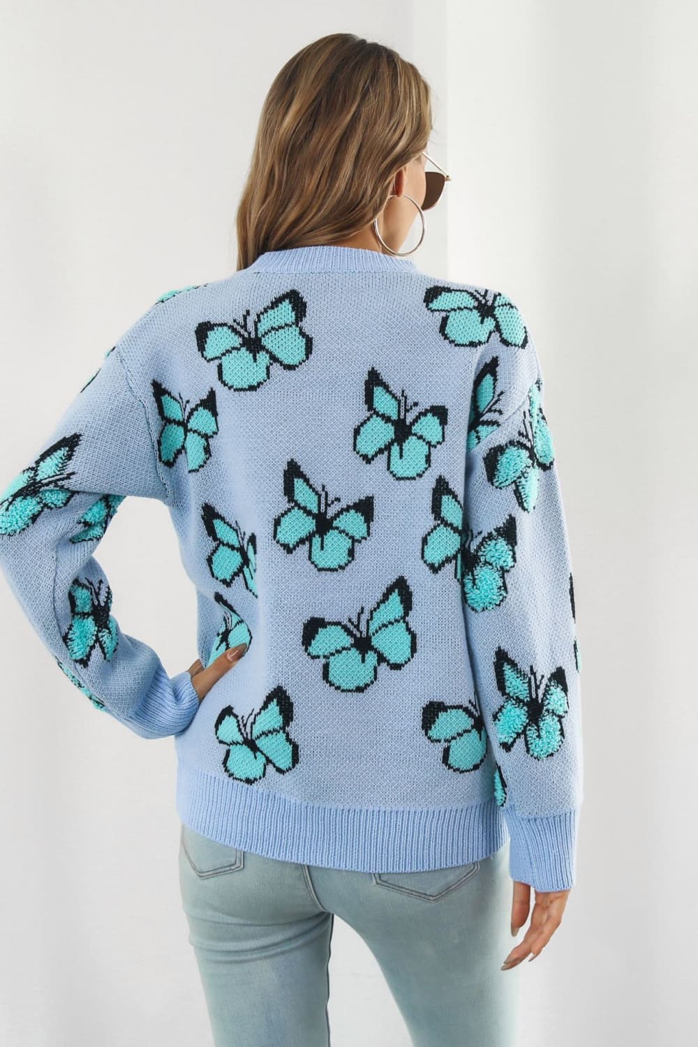 Butterfly Pattern Round Neck Dropped Shoulder Sweater BLUE ZONE PLANET