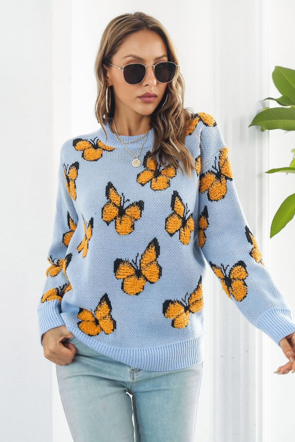 Butterfly Pattern Round Neck Dropped Shoulder Sweater BLUE ZONE PLANET
