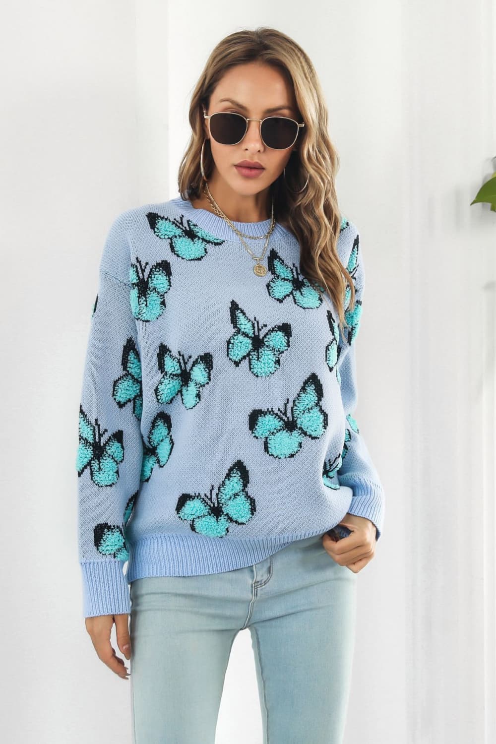 Butterfly Pattern Round Neck Dropped Shoulder Sweater BLUE ZONE PLANET