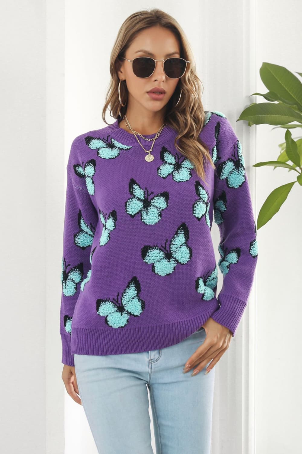 Butterfly Pattern Round Neck Dropped Shoulder Sweater BLUE ZONE PLANET