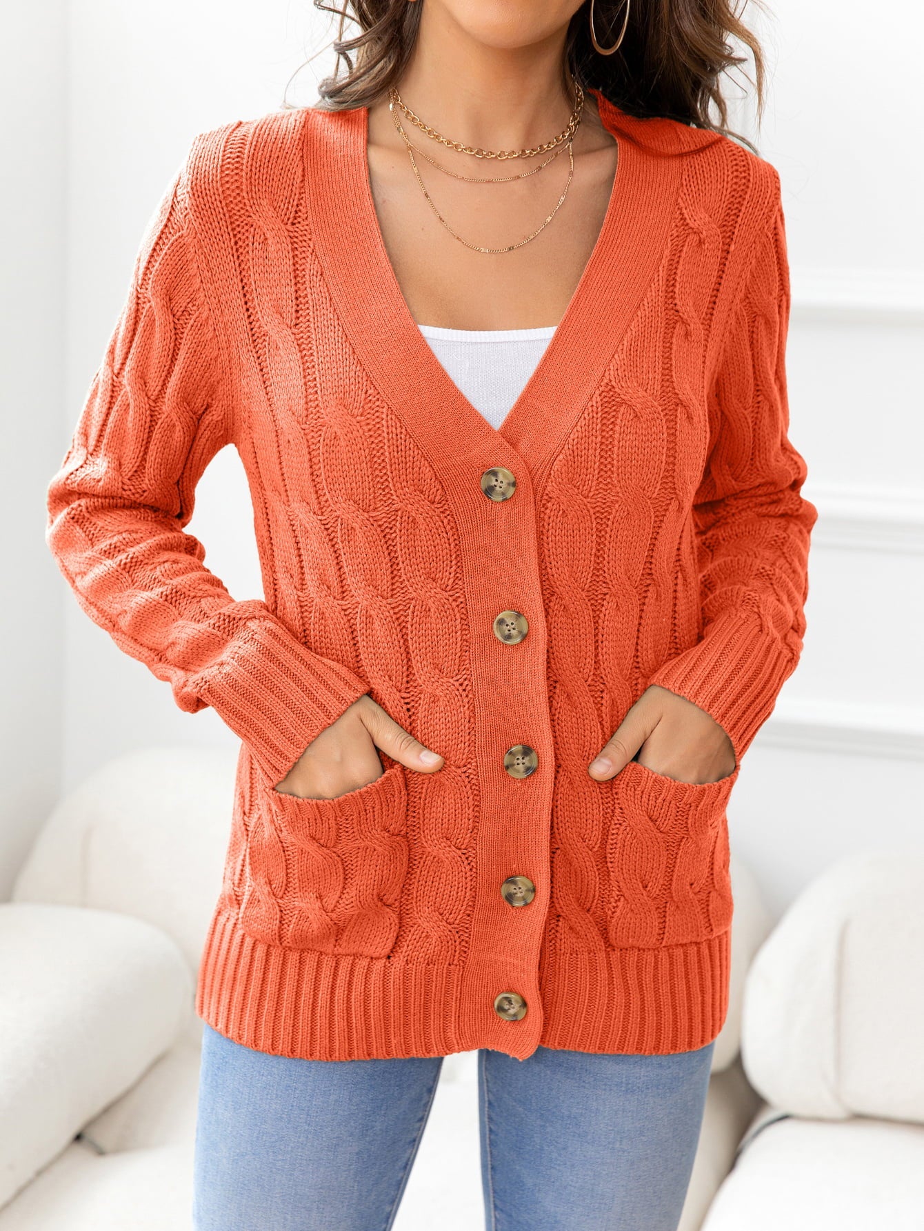 Button Down Cable-Knit Cardigan BLUE ZONE PLANET