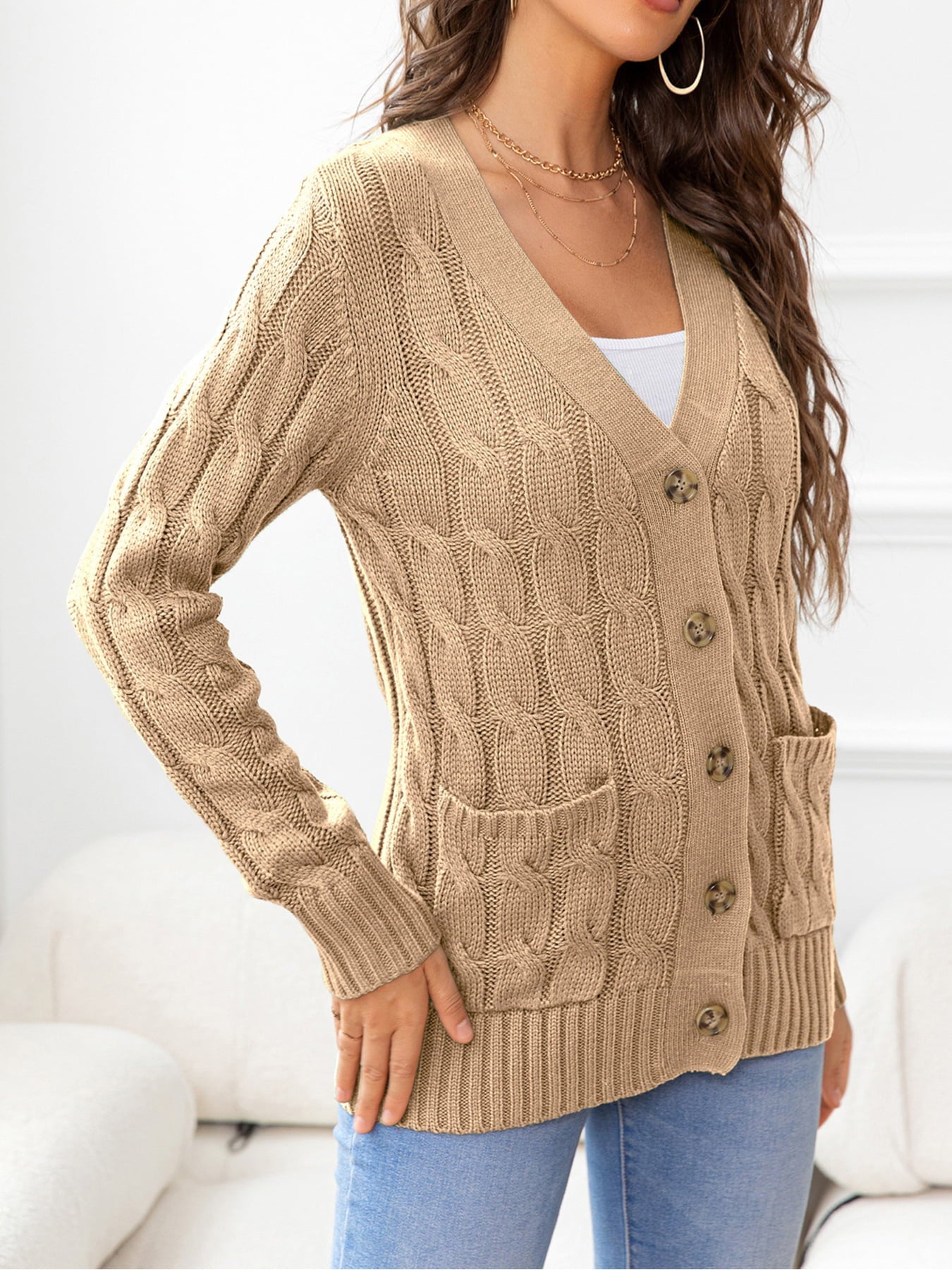 Button Down Cable-Knit Cardigan BLUE ZONE PLANET