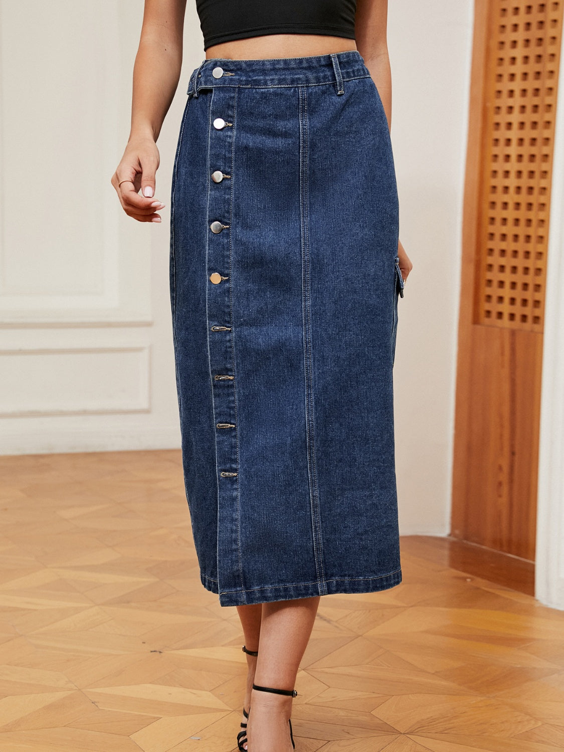 Button Down Denim Skirt BLUE ZONE PLANET