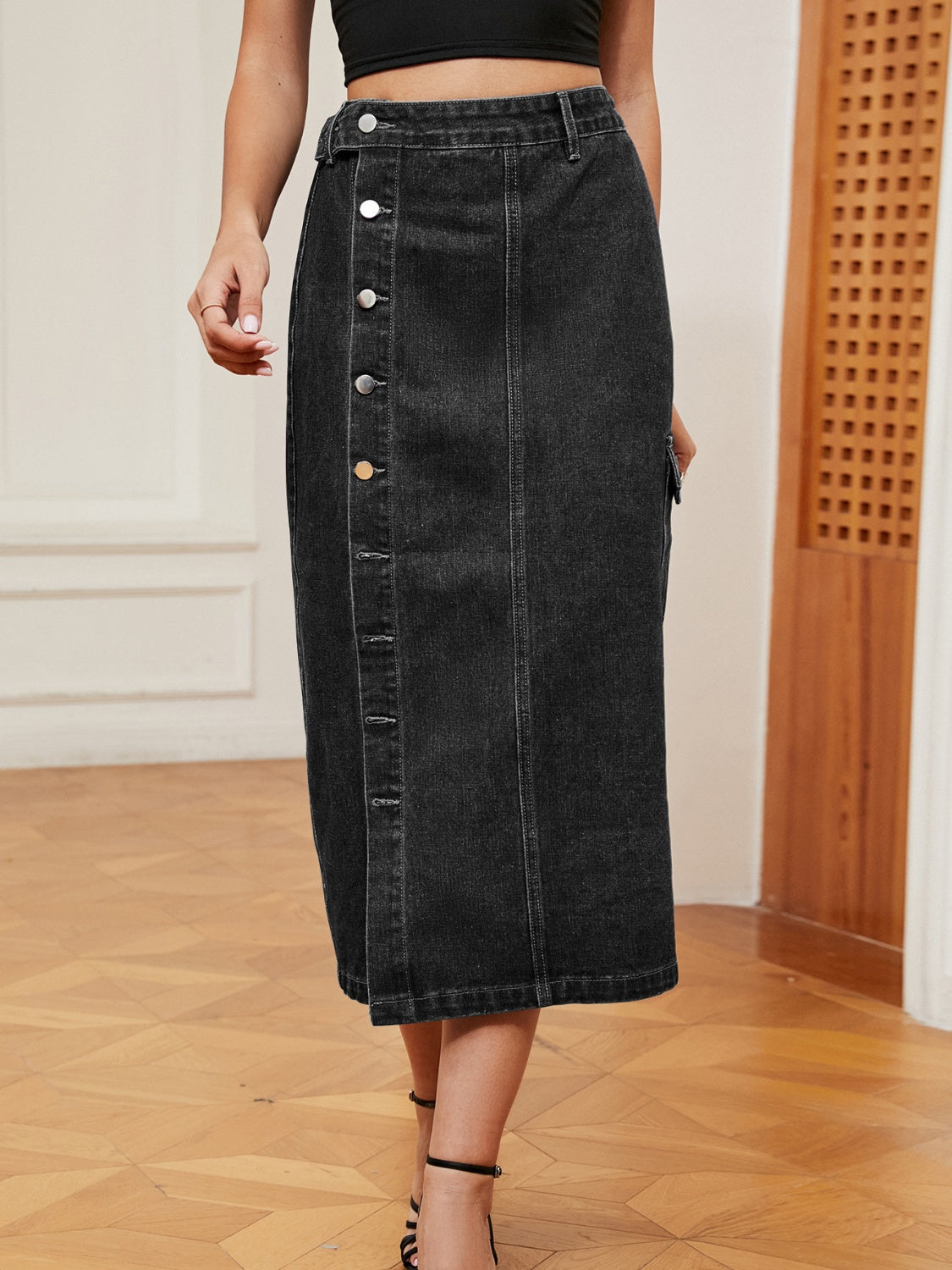 Button Down Denim Skirt BLUE ZONE PLANET
