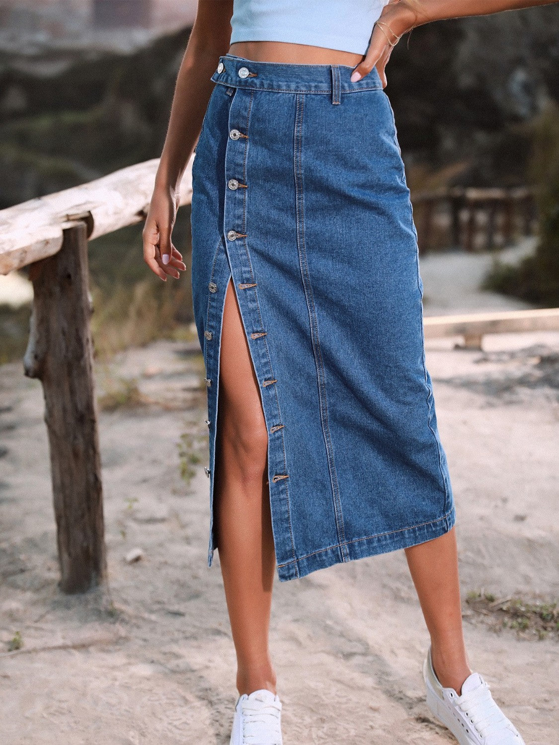 Button Down Denim Skirt BLUE ZONE PLANET