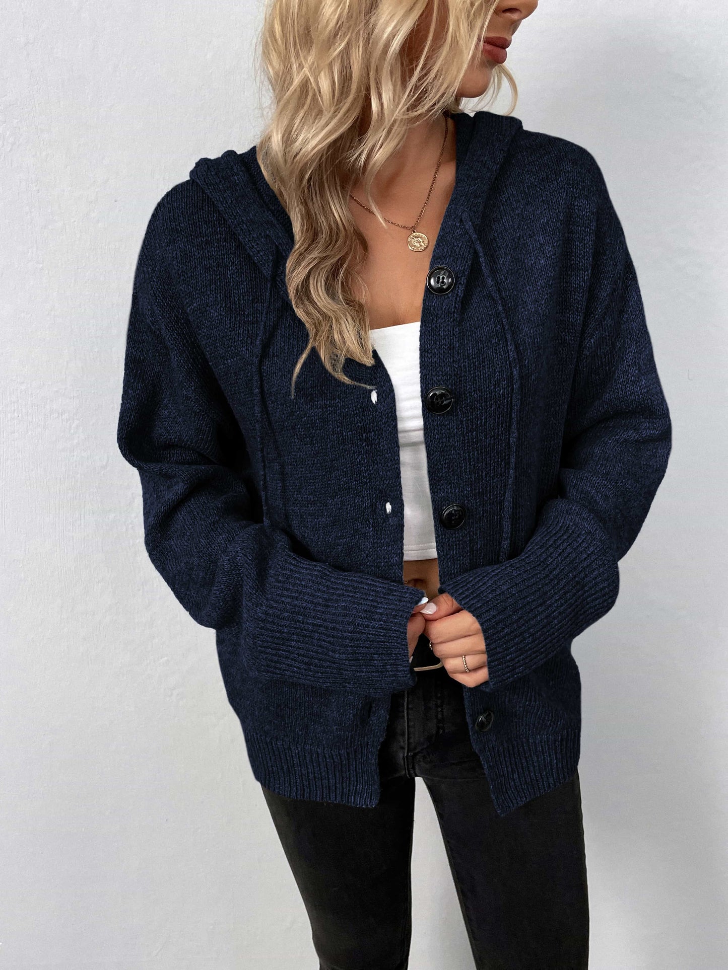 Button-Down Long Sleeve Hooded Sweater BLUE ZONE PLANET