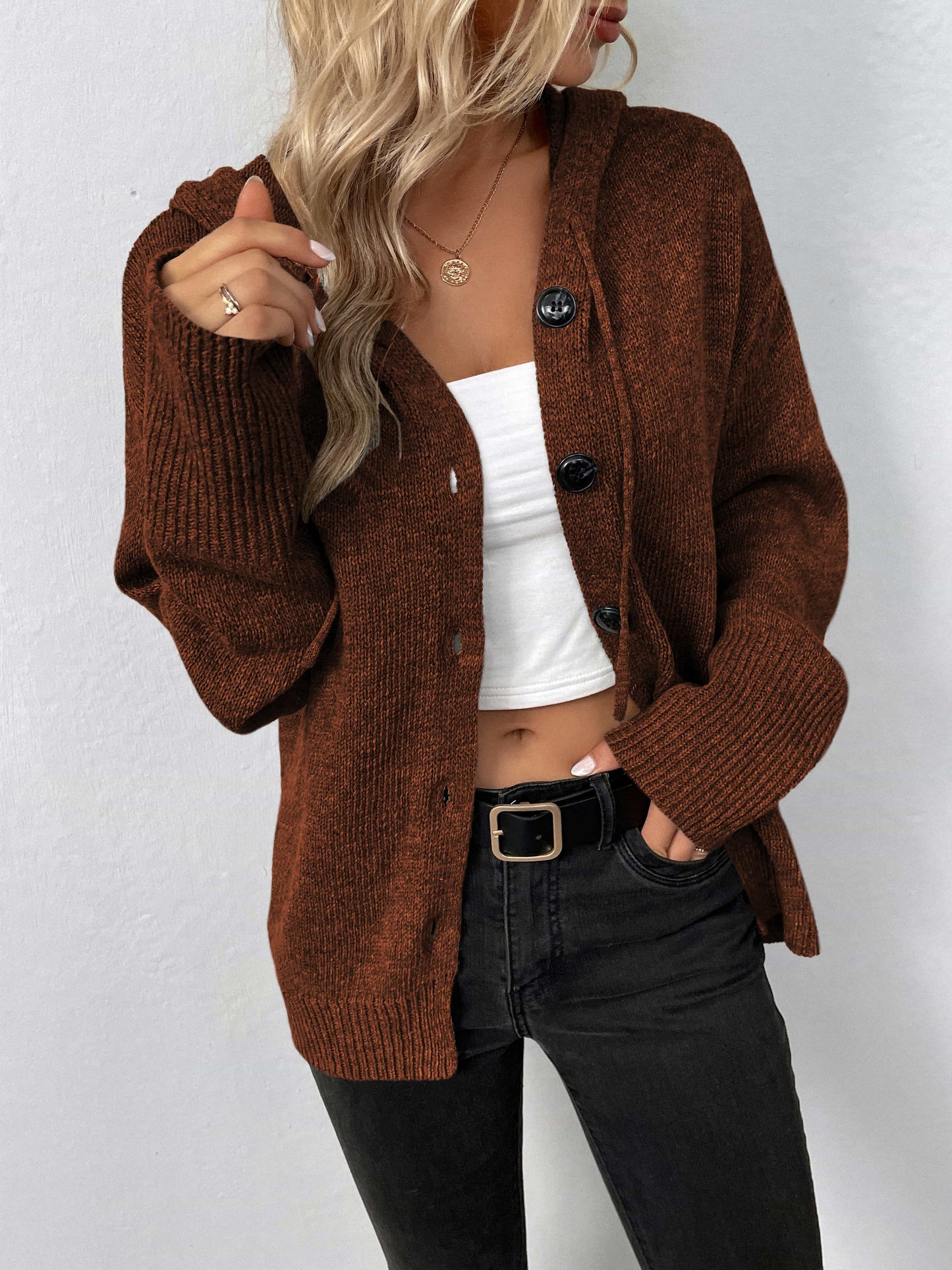 Button-Down Long Sleeve Hooded Sweater BLUE ZONE PLANET