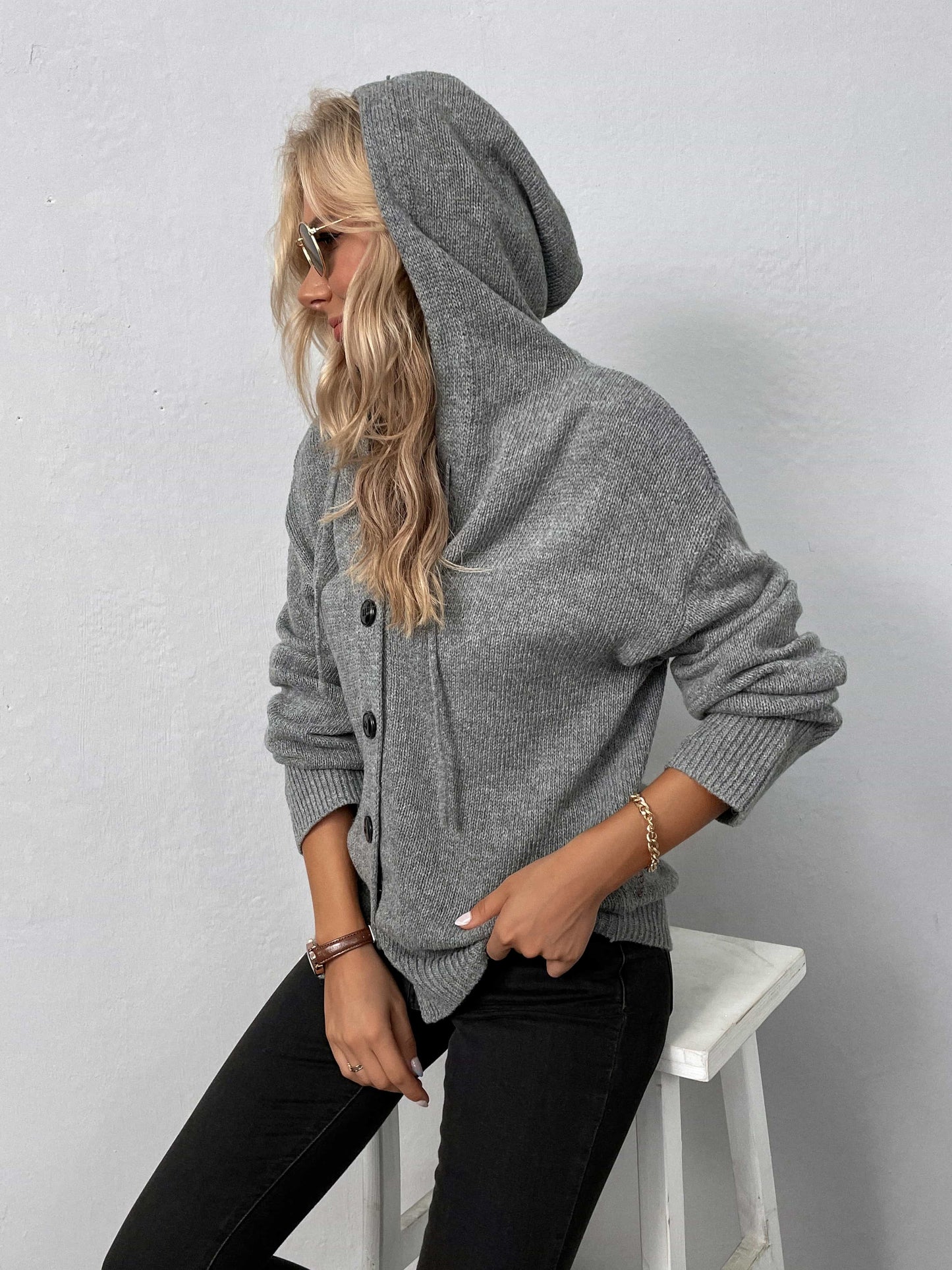 Button-Down Long Sleeve Hooded Sweater BLUE ZONE PLANET