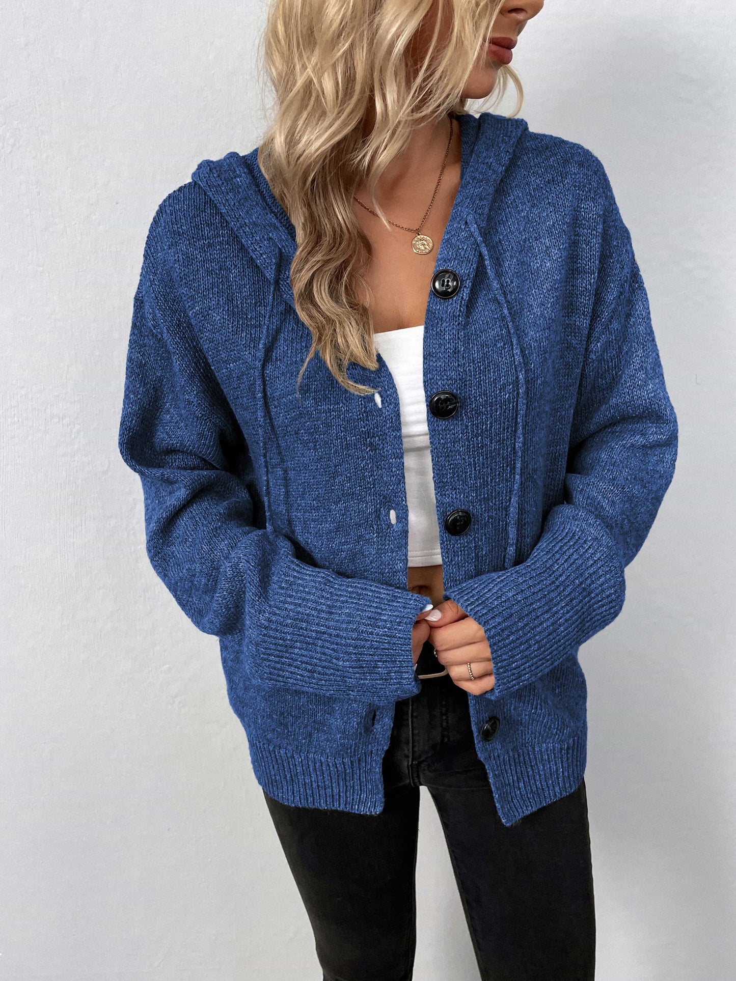 Button-Down Long Sleeve Hooded Sweater BLUE ZONE PLANET