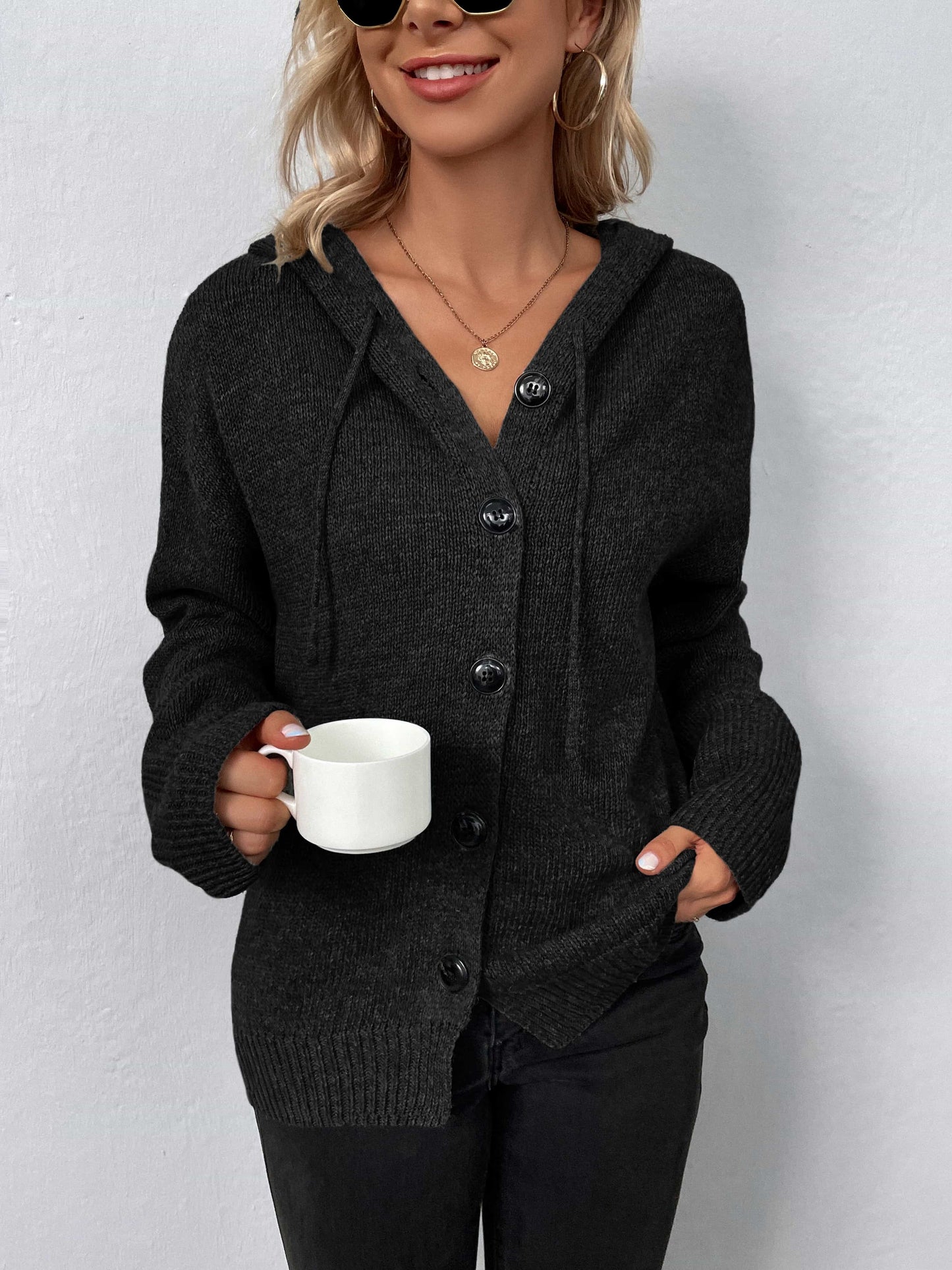 Button-Down Long Sleeve Hooded Sweater BLUE ZONE PLANET
