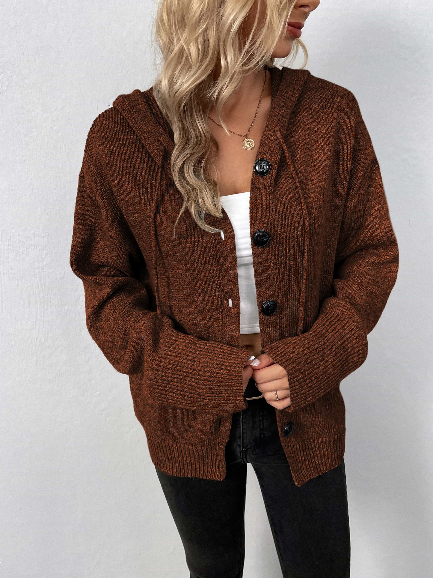 Button-Down Long Sleeve Hooded Sweater BLUE ZONE PLANET