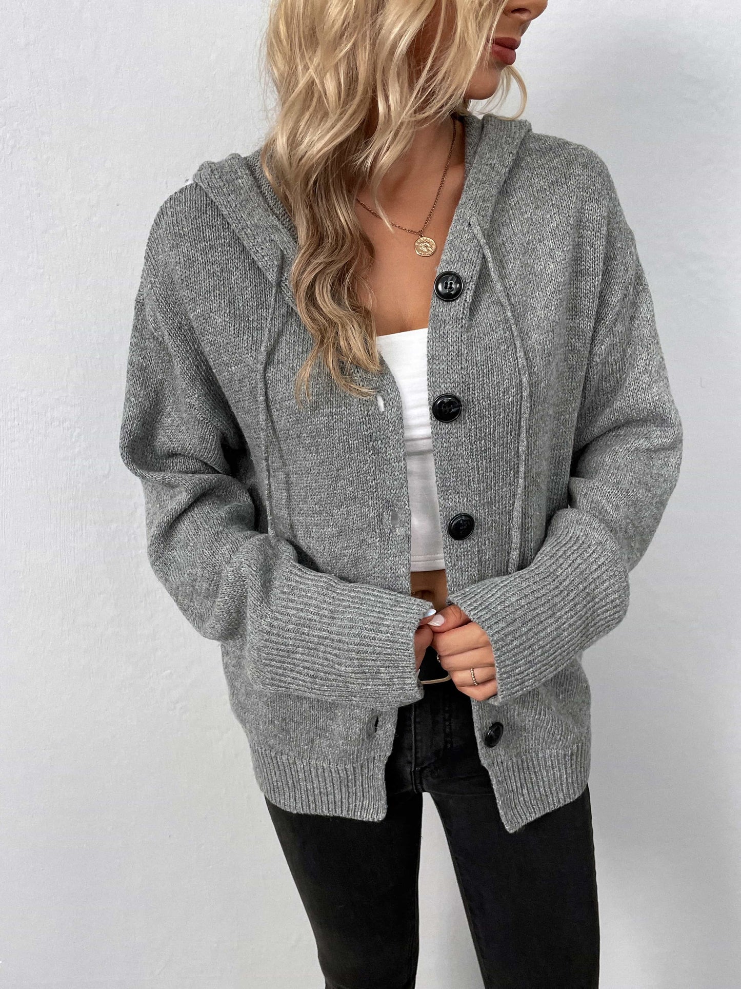 Button-Down Long Sleeve Hooded Sweater BLUE ZONE PLANET
