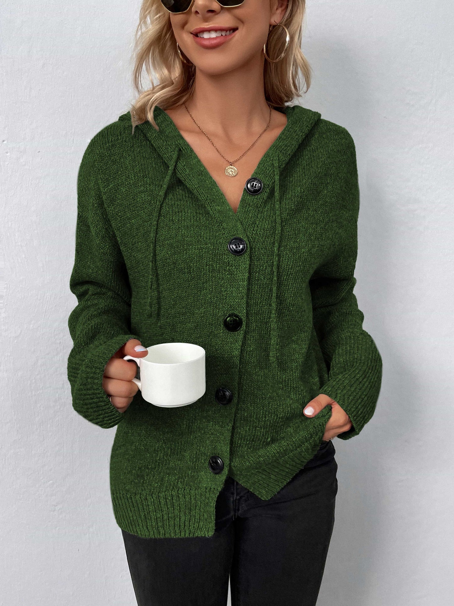 Button-Down Long Sleeve Hooded Sweater BLUE ZONE PLANET