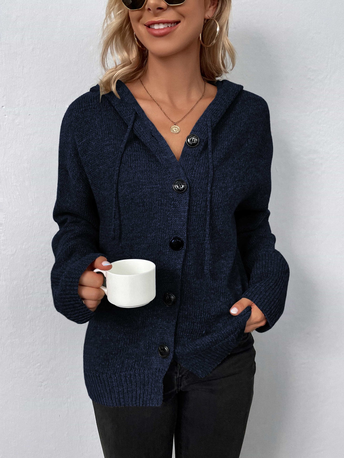 Button-Down Long Sleeve Hooded Sweater BLUE ZONE PLANET