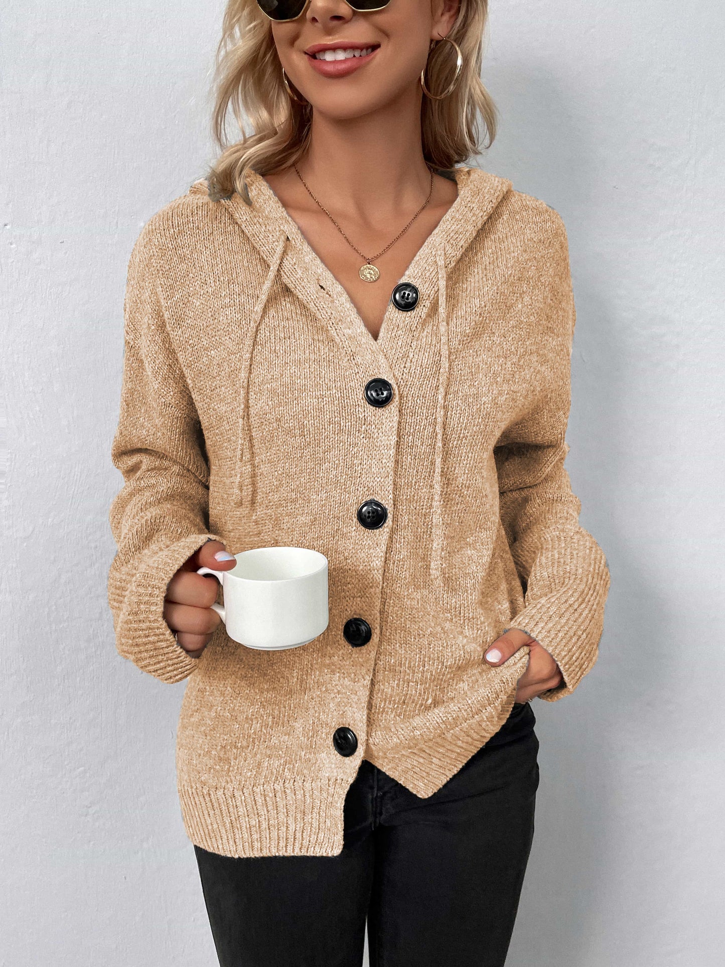 Button-Down Long Sleeve Hooded Sweater BLUE ZONE PLANET