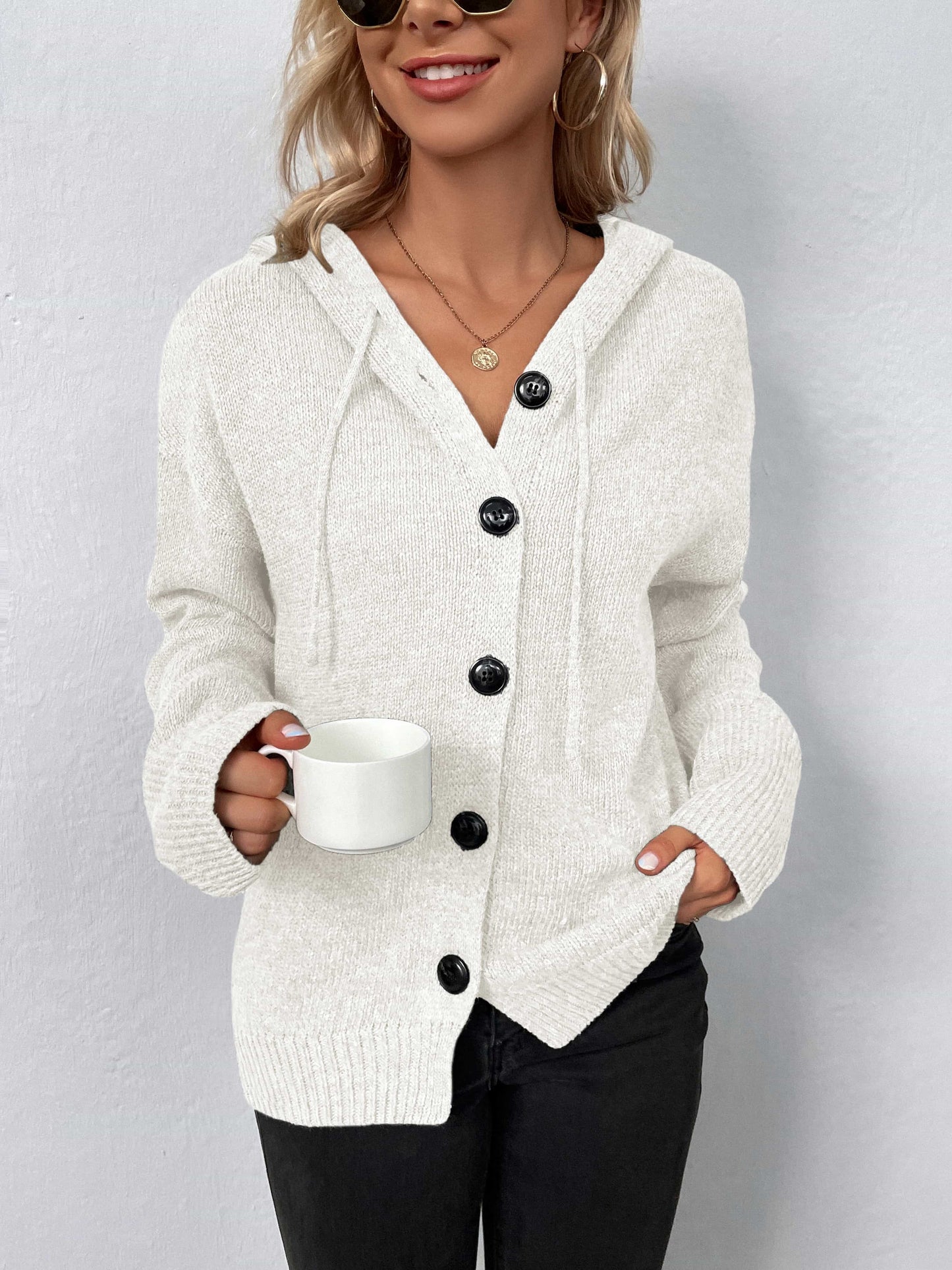 Button-Down Long Sleeve Hooded Sweater BLUE ZONE PLANET