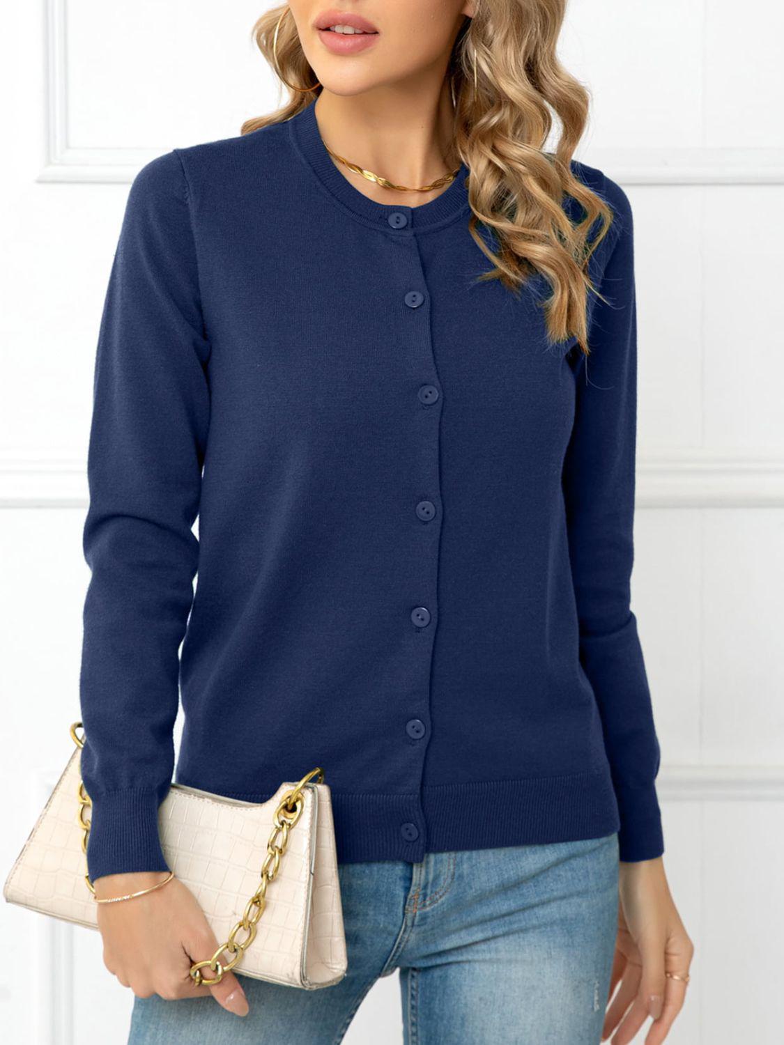 Button Down Round Neck Cardigan BLUE ZONE PLANET