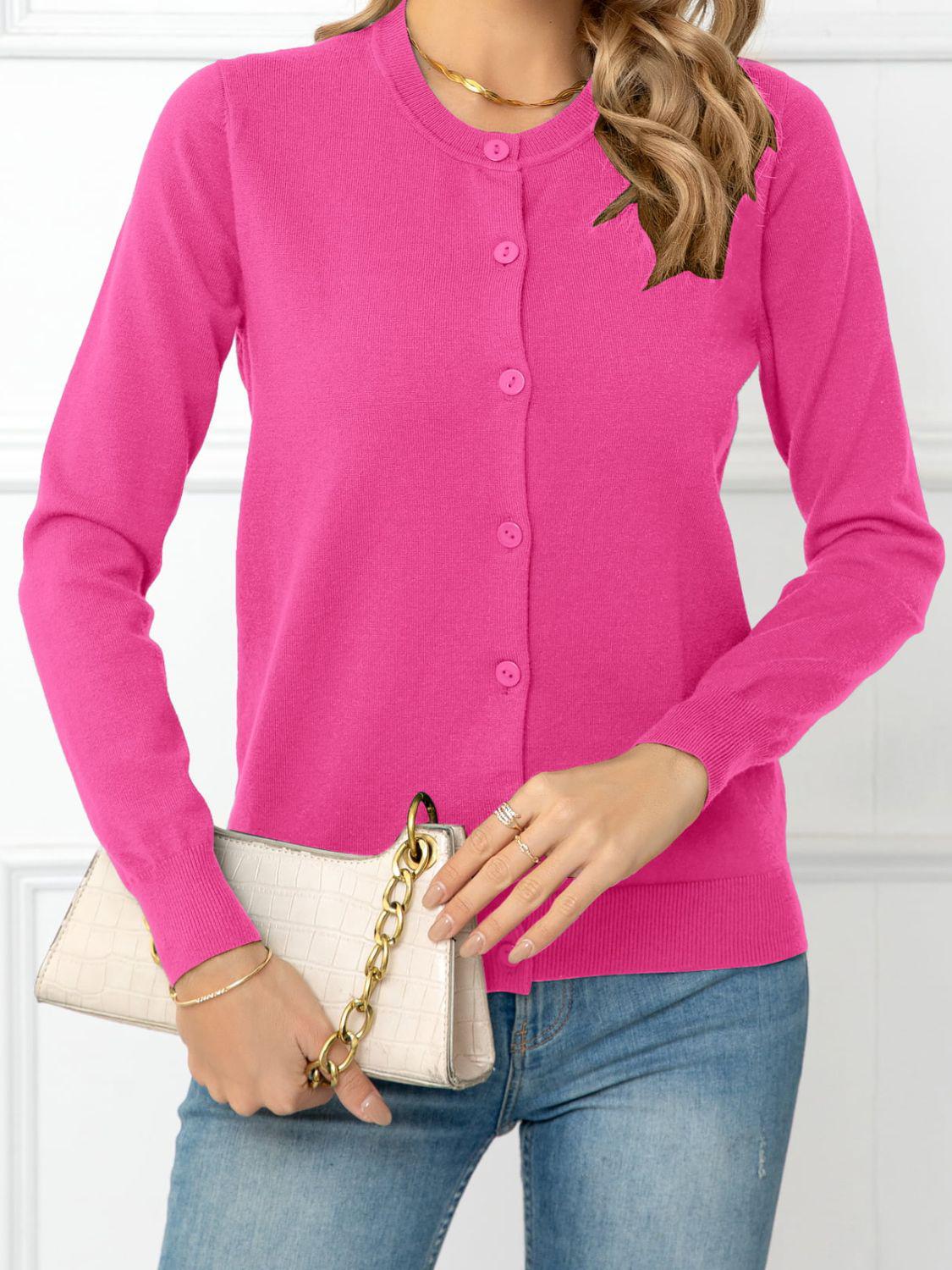 Button Down Round Neck Cardigan BLUE ZONE PLANET