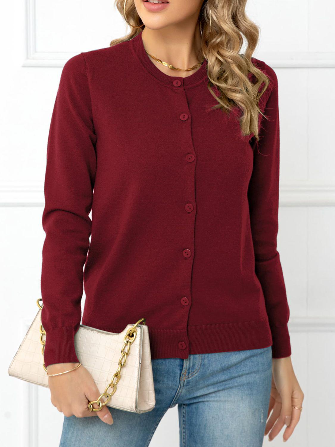 Button Down Round Neck Cardigan BLUE ZONE PLANET