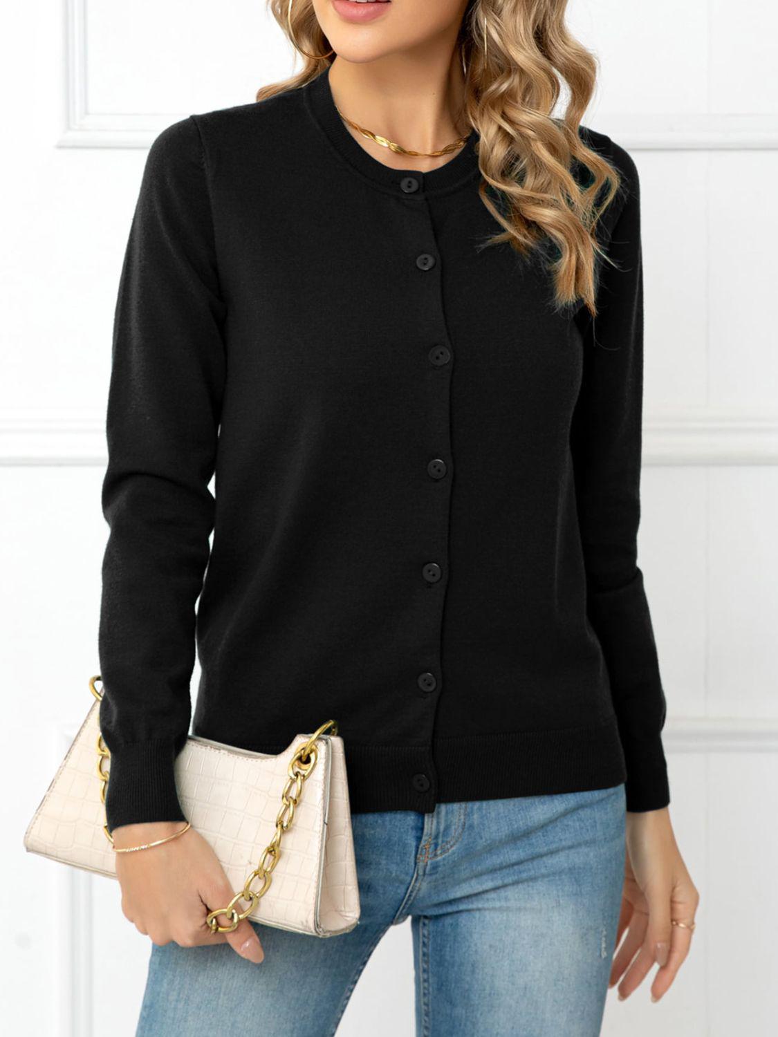 Button Down Round Neck Cardigan BLUE ZONE PLANET