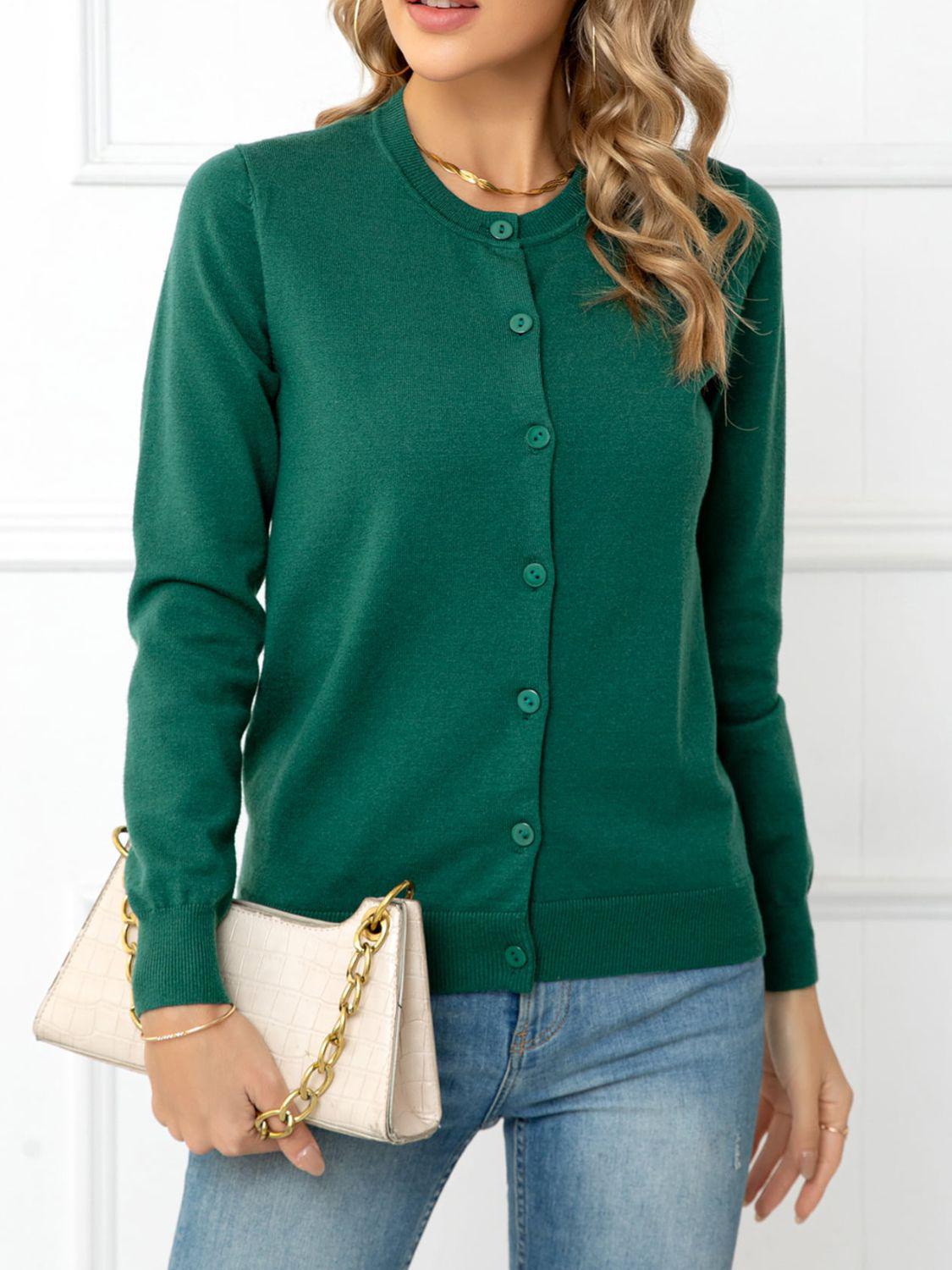 Button Down Round Neck Cardigan BLUE ZONE PLANET