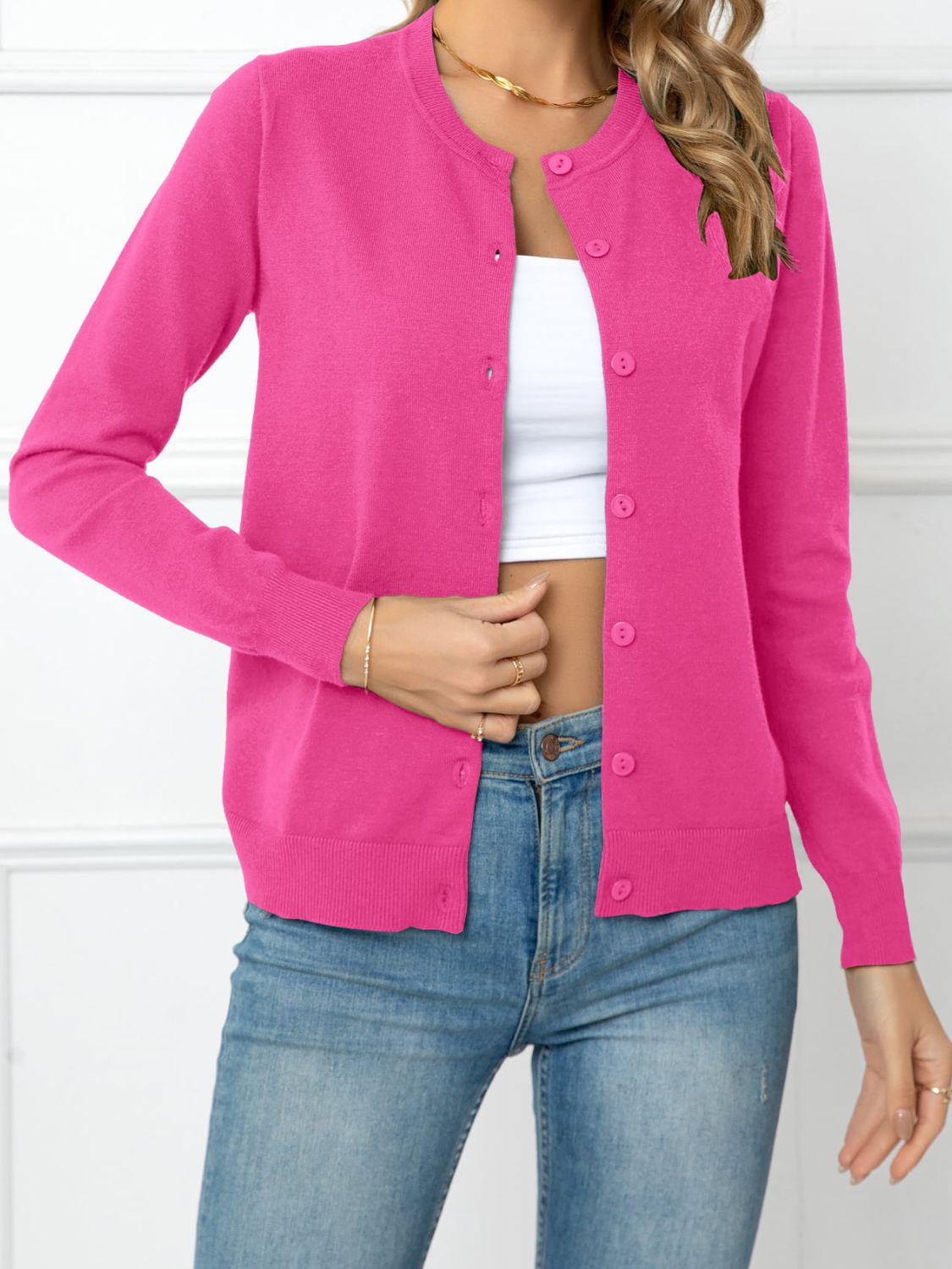 Button Down Round Neck Cardigan BLUE ZONE PLANET