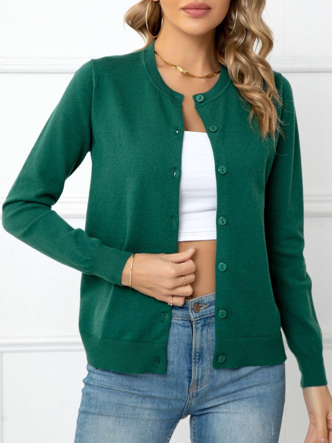 Button Down Round Neck Cardigan BLUE ZONE PLANET