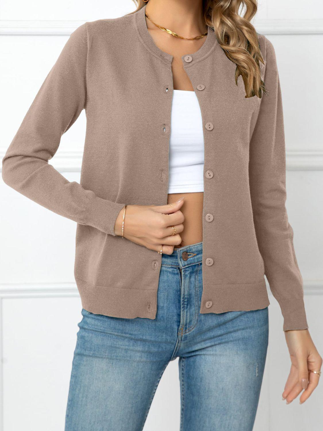 Button Down Round Neck Cardigan BLUE ZONE PLANET
