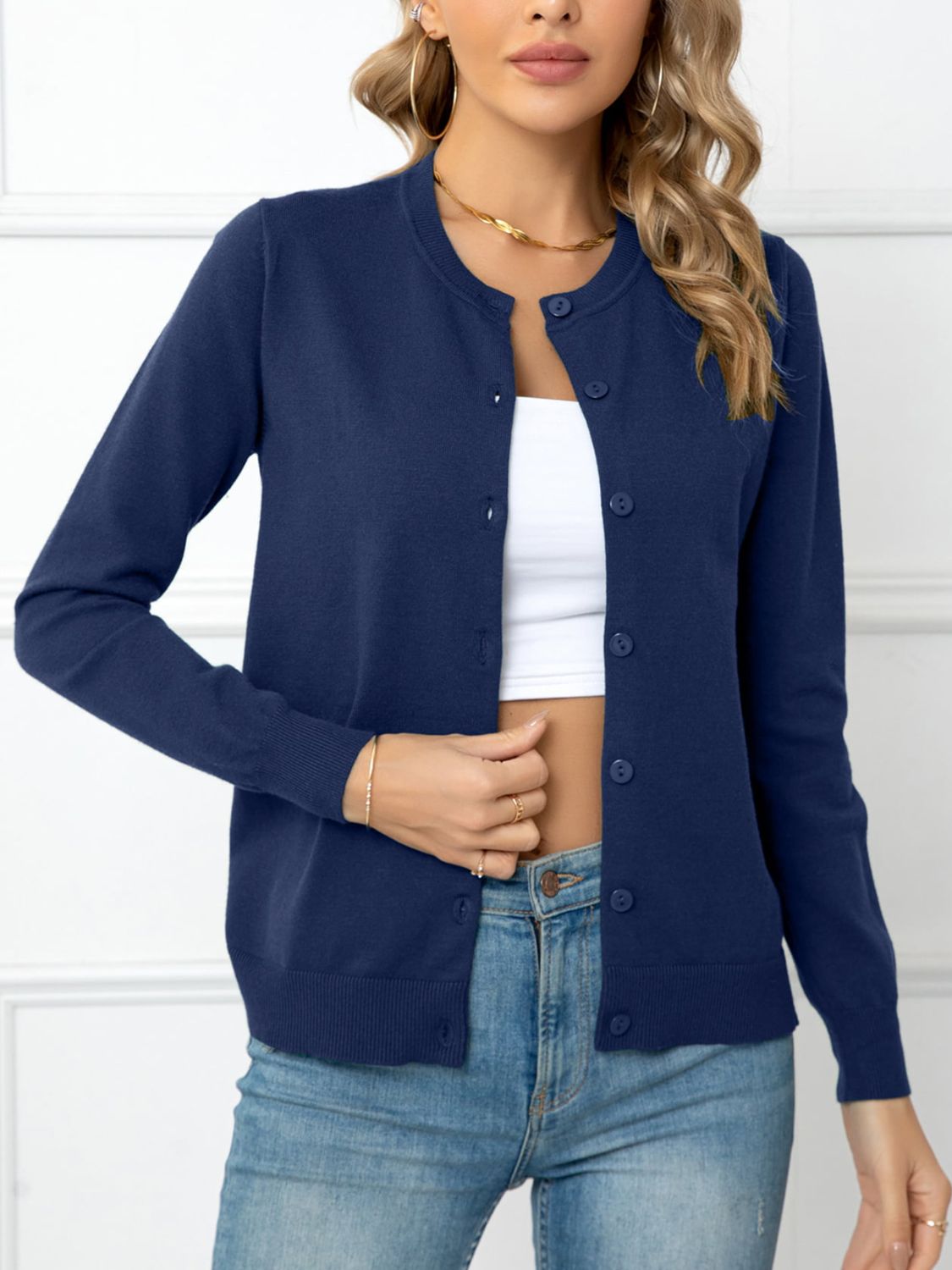 Button Down Round Neck Cardigan BLUE ZONE PLANET