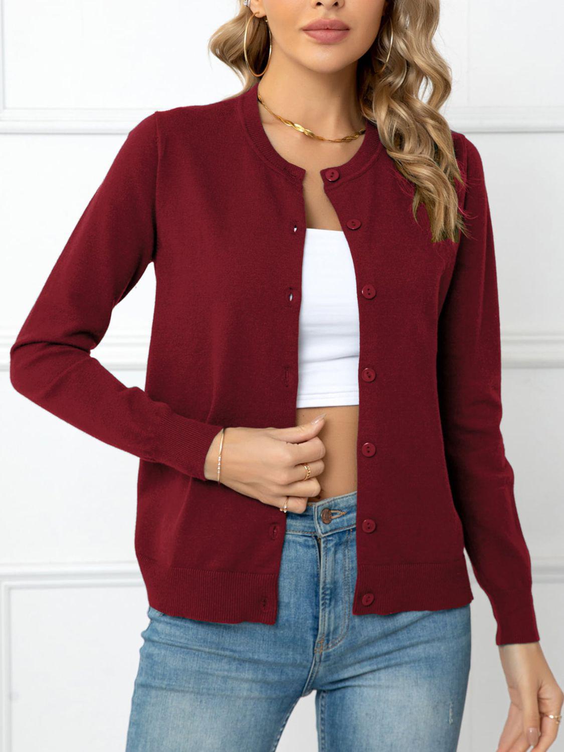 Button Down Round Neck Cardigan BLUE ZONE PLANET