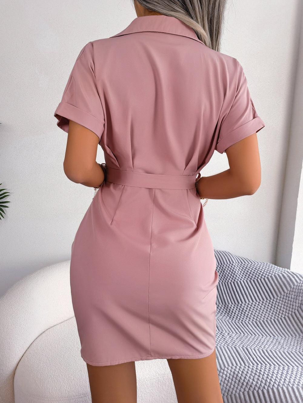 Button Down Ruched Tie Belt Dress BLUE ZONE PLANET