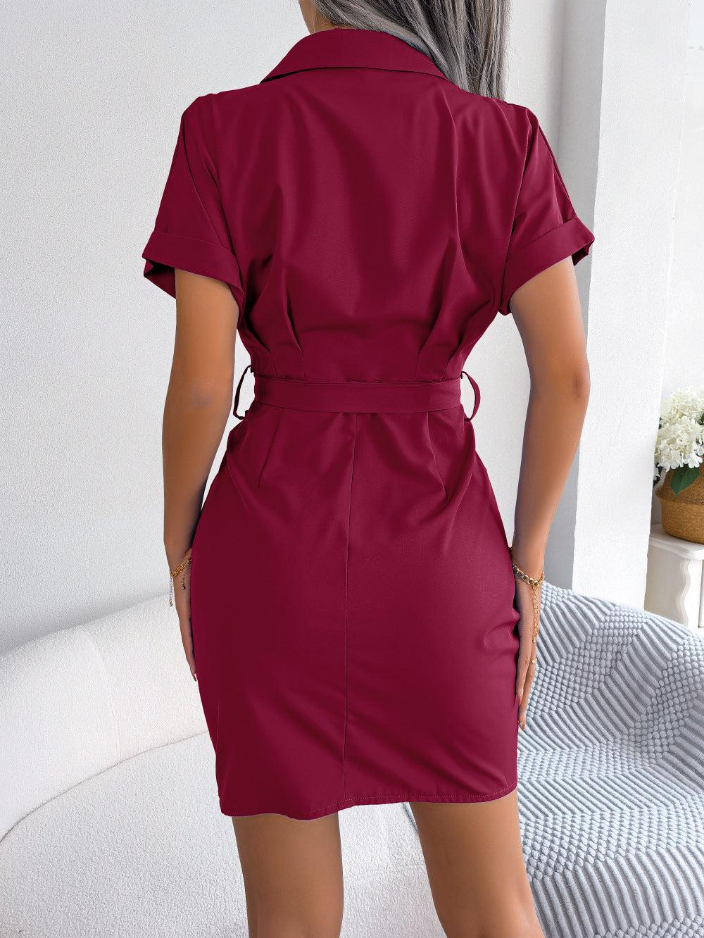 Button Down Ruched Tie Belt Dress BLUE ZONE PLANET