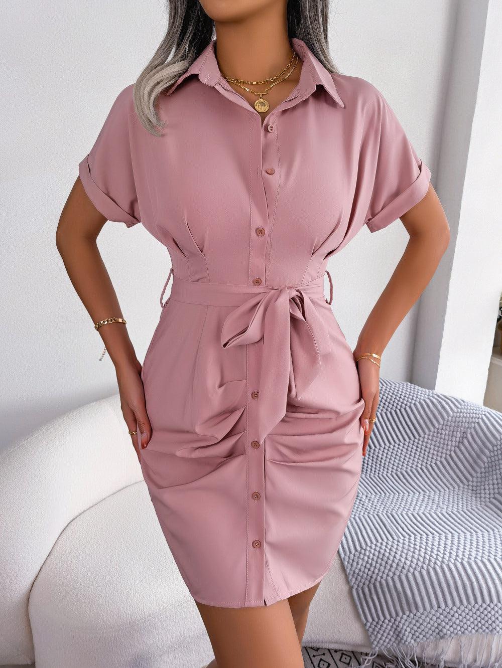 Button Down Ruched Tie Belt Dress BLUE ZONE PLANET