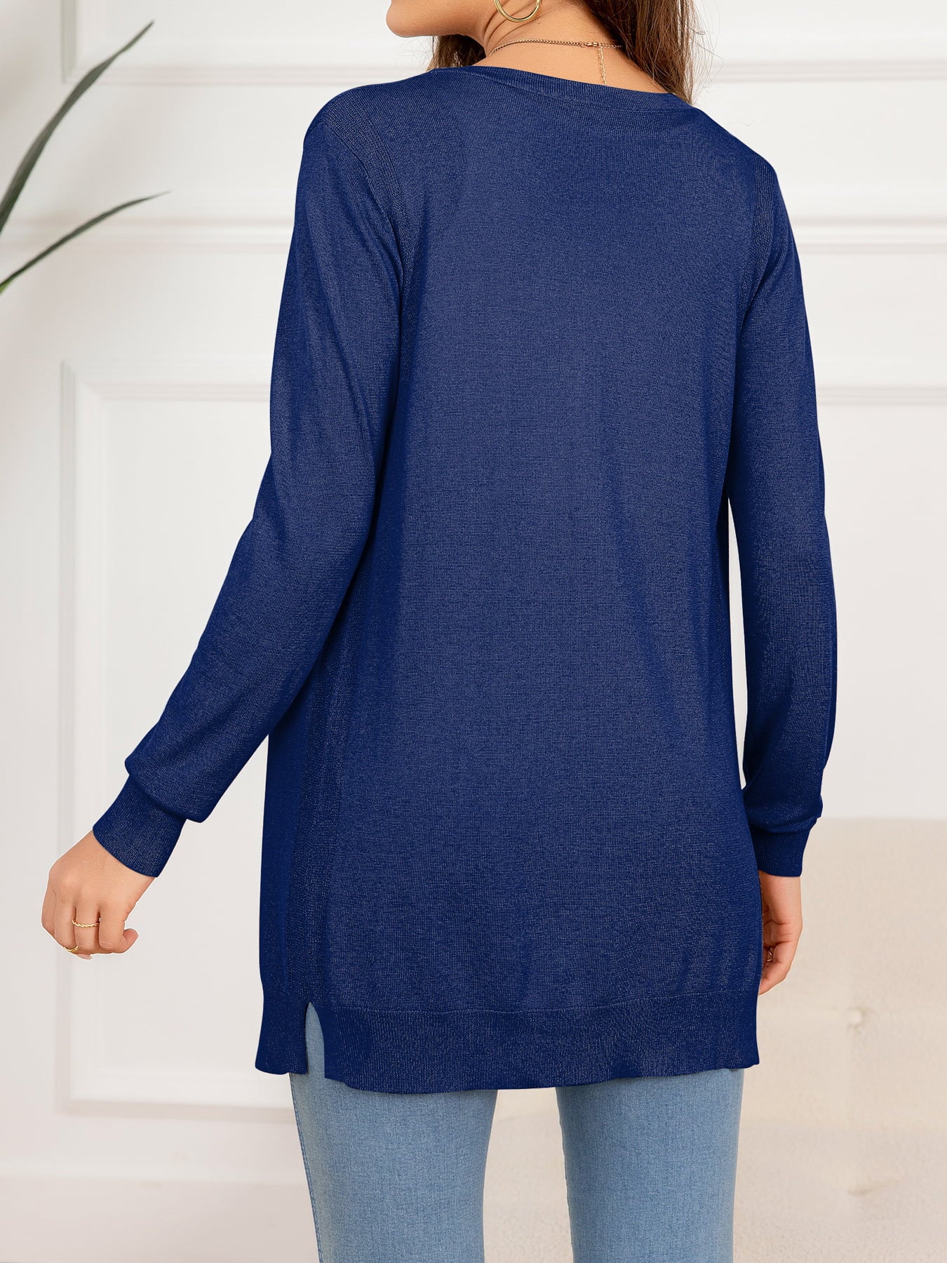 Button Down Slit Longline Cardigan BLUE ZONE PLANET