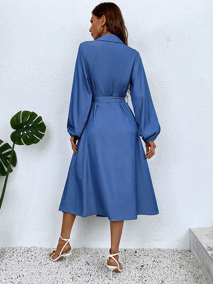 Button-Down Tie Waist Collared Neck Dress BLUE ZONE PLANET