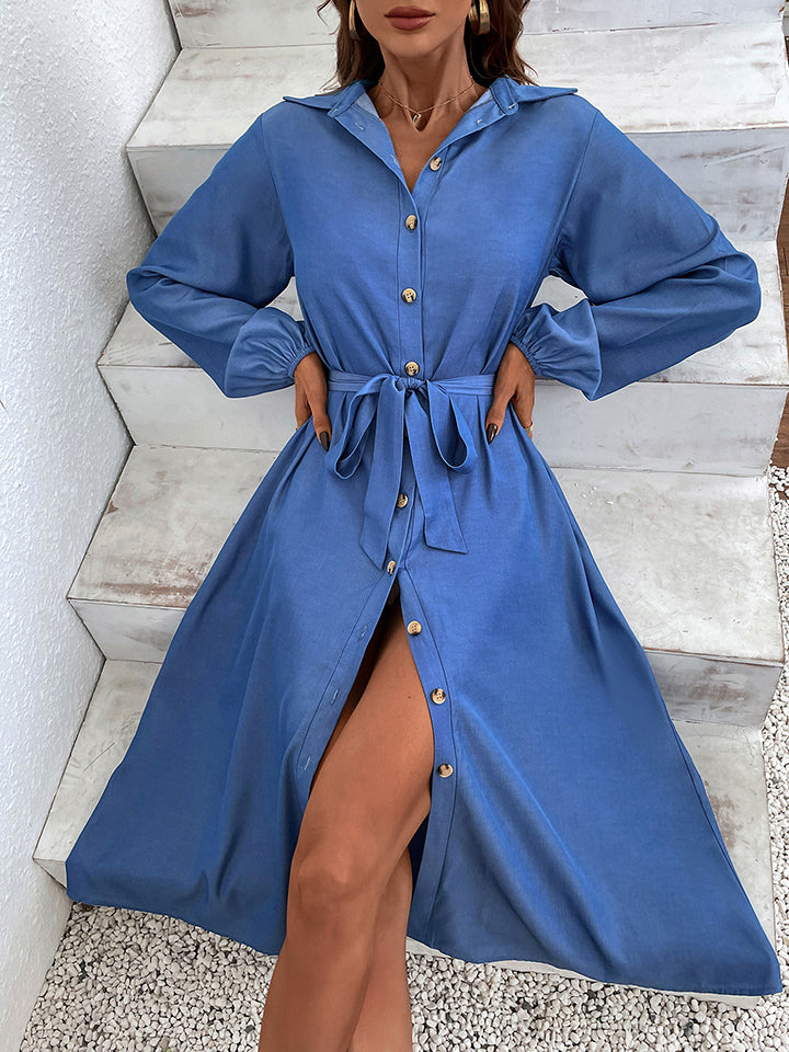 Button-Down Tie Waist Collared Neck Dress BLUE ZONE PLANET