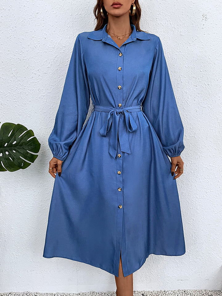 Button-Down Tie Waist Collared Neck Dress BLUE ZONE PLANET