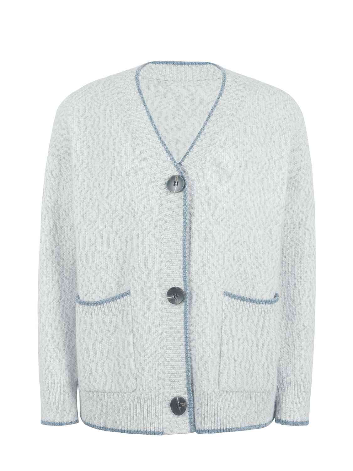 Button Down V-Neck Cardigan with Pockets BLUE ZONE PLANET