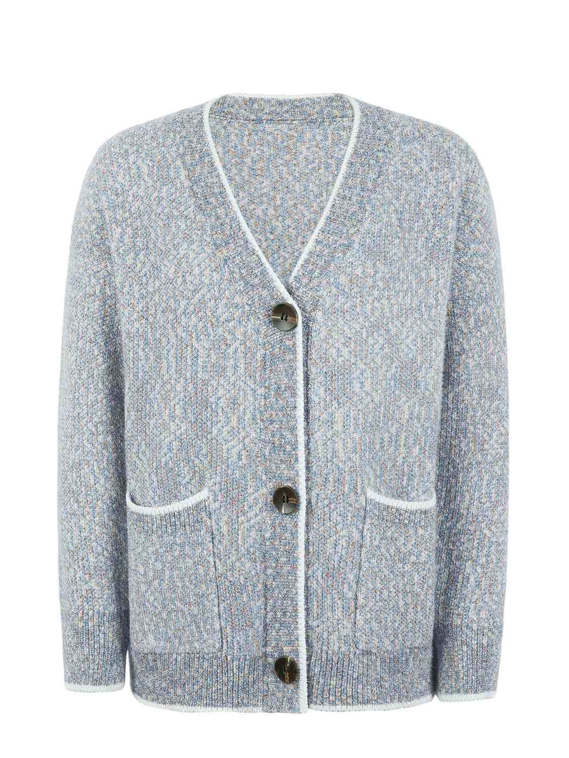 Button Down V-Neck Cardigan with Pockets BLUE ZONE PLANET