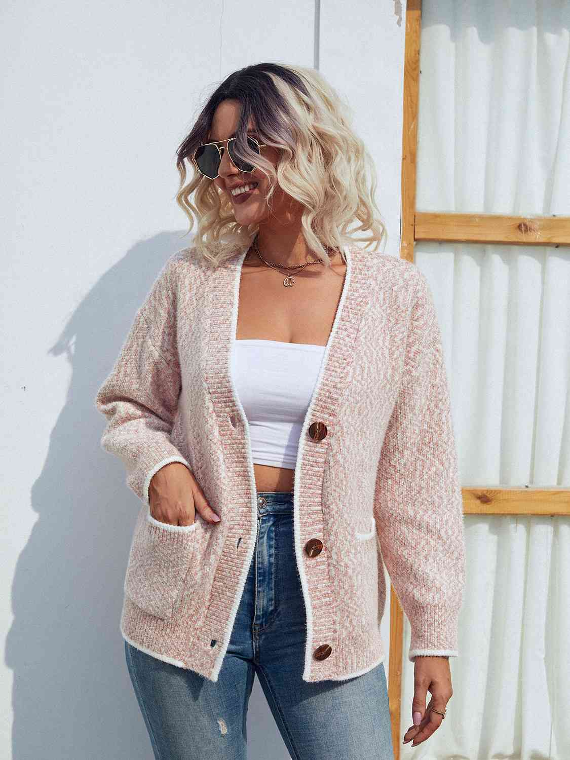 Button Down V-Neck Cardigan with Pockets BLUE ZONE PLANET